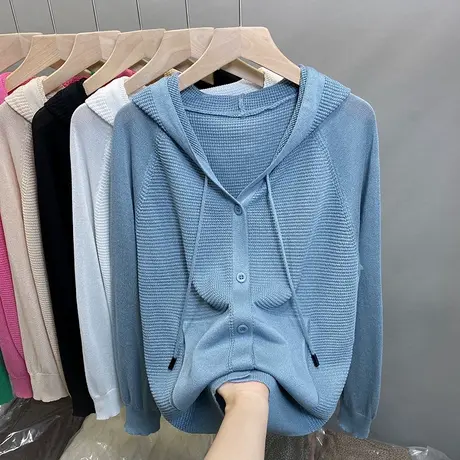 连帽冰丝口袋针织开衫女2025春秋新款防晒衣宽松上衣薄款空调衫商品大图