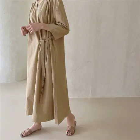 夏季时尚女装简约中国风腰带气质韩版宽松显瘦七分袖系带连衣裙潮图片