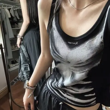 美式辣妹炸街撞色印花吊带背心女夏季设计感小众修身短款时尚上衣商品大图