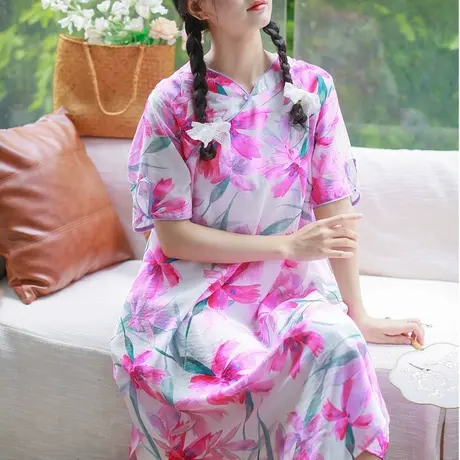胖妹妹2025大码国风古典美学印花显瘦旗袍裙商品大图