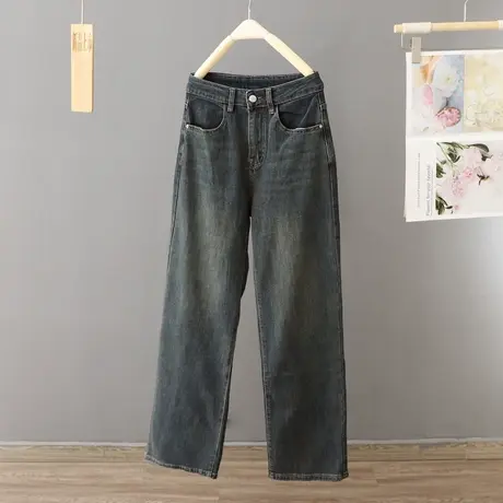 复古深蓝色牛仔裤女直筒裤宽松高腰春秋2023年新款显瘦拖地阔腿裤图片