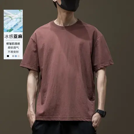 天丝亚麻短袖T恤男落肩袖弹力凉感2025夏季新款宽松大码棉麻体恤图片