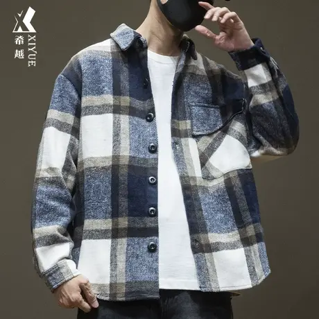 希越翻领百搭格子衬衫男2023秋季宽松大码拼色休闲复古纽扣外套潮图片