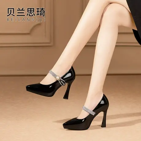 真皮水钻一字带厚底浅口细跟单鞋女2025春秋季新款防水台高跟鞋图片