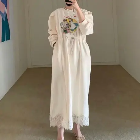 新款套头卫衣连衣裙女过膝长款韩版宽松大码时尚休闲印花春秋裙子图片