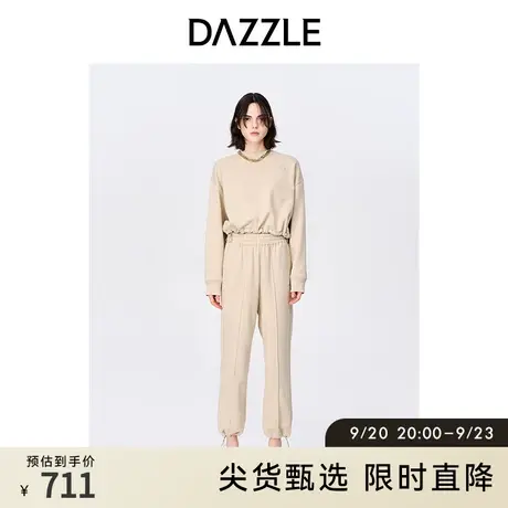 DAZZLE地素奥莱秋通勤卡其简约套头刺绣短款抽绳加绒卫衣上衣女图片