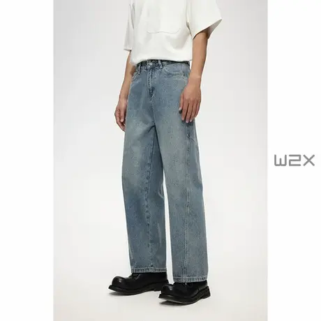 w2x夏季薄款宽松拼接休闲牛仔裤直筒高街痞帅长裤子青年男裤商品大图