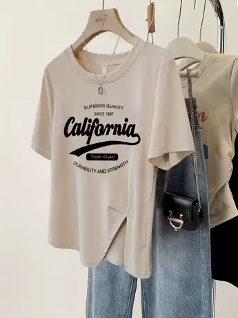 大码短袖女t恤夏季甜辣风不规则下摆开叉chic修身显瘦ins字母上衣商品大图