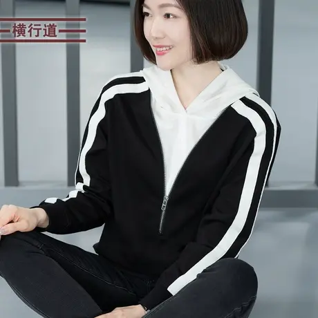 2023冬装新款连帽假两件撞色休闲宽松长袖卫衣大码女装金丝绒上衣商品大图