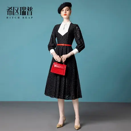 希区瑞普高端气质蕾丝连衣裙女春秋季法式修身大摆裙子复古个性图片