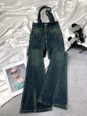 韩版做旧排扣牛仔背带喇叭裤女2023秋季新款显瘦百搭弹力高腰长裤商品大图