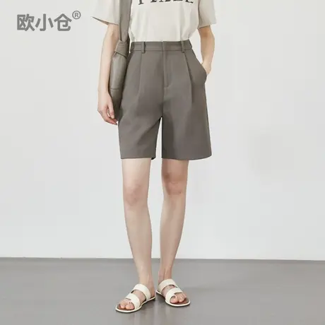 欧小仓 避暑系列 打褶西装短裤女夏高腰阔腿中裤显瘦咖色五分裤商品大图