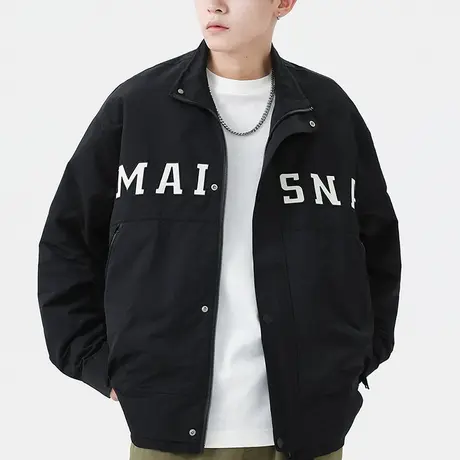 男士黑色翻领夹克外套男潮高级感美式刺绣上衣冲锋衣2023新款春秋商品大图