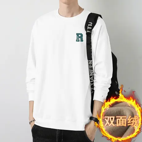 白色卫衣男秋冬款宽松潮流双面绒加绒保暖圆领上衣服无帽长袖t恤商品大图
