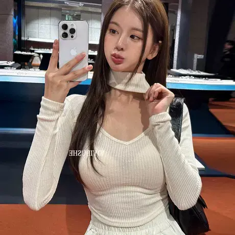 OnoevMT607心机挂脖露锁骨~性感女人味螺纹紧身长袖T恤sl商品大图