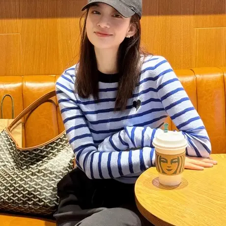 条纹拼接打底衫长袖t恤女2025新款春装内搭修身显瘦chic韩系上衣商品大图