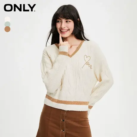 【ONLY奥莱清仓】秋季时尚刺绣长袖落肩短款V领针织衫女商品大图