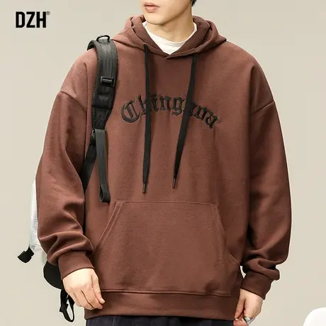 男士咖啡色刺绣卫衣男春秋款连帽2023新款宽松套头上衣连帽衫外套商品大图
