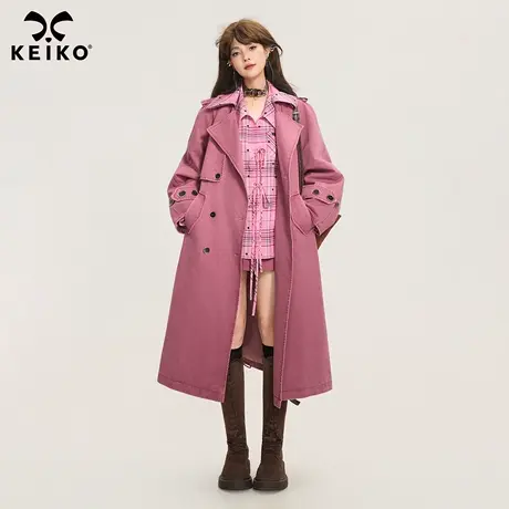 KEIKO 树莓粉色水洗廓形长款风衣女2025秋冬松弛感双排扣系带大衣商品大图