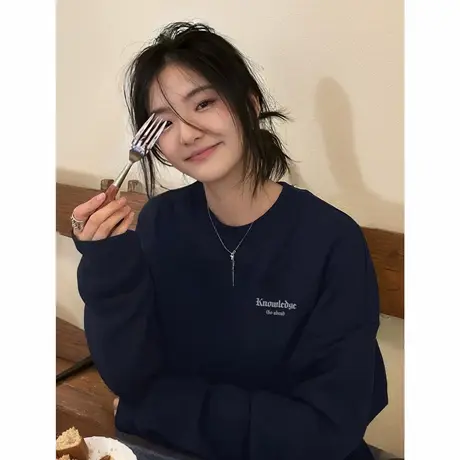 圆领卫衣女2025新款秋冬季重磅加绒加厚韩系慵懒松弛感藏蓝色上衣商品大图