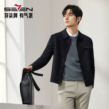 柒牌男装清仓翻领夹克男秋冬时尚潮流青年字母提花工装风休闲外套图片