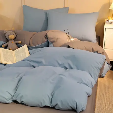 2026新款亲肤水洗棉纯色双拼四件套简约风床单款床笠款图片