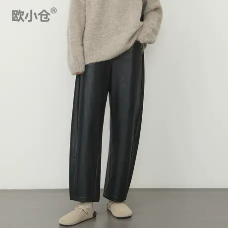 欧小仓pu系列高级感哑光复古水洗皮香蕉裤秋冬九分ins博主香蕉裤商品大图
