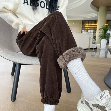 雪尼尔加绒哈伦裤女2023新款冬季高腰束脚裤宽松运动加厚哈伦卫裤图片