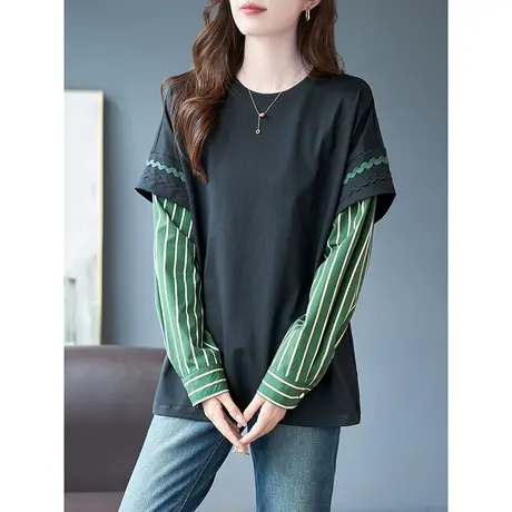 宝诗黎圆领拼接假两件长袖卫衣女设计感2023秋季新款棉质宽松上衣商品大图