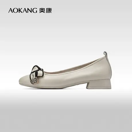 【门店发货】奥康女鞋 春秋款浅口小香风粗跟一脚蹬舒适休闲单鞋商品大图