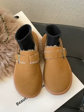 平底勃肯鞋女复古加绒毛毛鞋2023新款秋冬网红博肯豆豆乐福棉鞋子图片