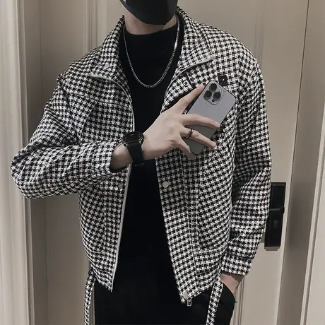 千鸟格外套男春秋季潮牌2023新款个性痞帅高级感潮流休闲工装夹克商品大图