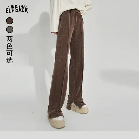 妖精的口袋高腰阔腿休闲裤女2023冬季新款小个子灰色宽松运动长裤商品大图