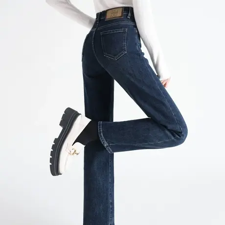 时尚牛仔裤2023年冬季新款女高腰百搭气质显瘦磨毛厚款复古蓝长裤商品大图