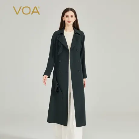 VOA36姆米重磅桑蚕丝V领长袖双排扣绑带口袋百搭通勤微弹丝绸风衣图片