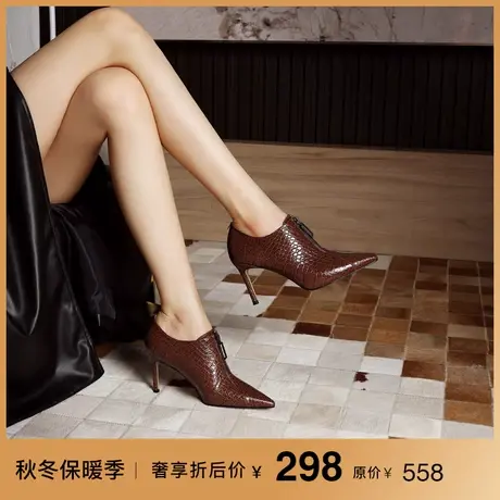 熙漫2023秋冬新款尖头系带气质深口及踝单靴女欧美黑色细高跟短靴商品大图