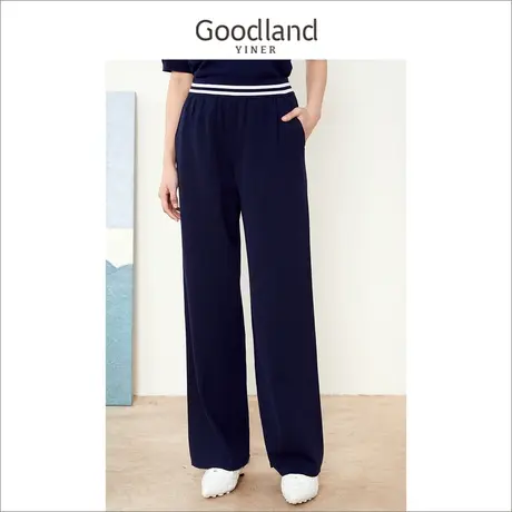 音儿美地女装2022夏季新款休闲裤藏蓝高腰垂感阔腿裤商品大图