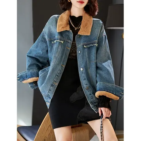宝诗黎翻领加绒棉质韩版牛仔外套女装2023年冬季新款加厚宽松上衣商品大图