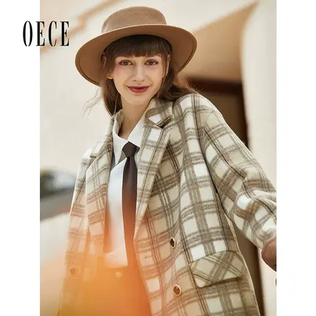 Oece冬装新款女装英伦毛呢西装外套气质格子呢大衣商品大图