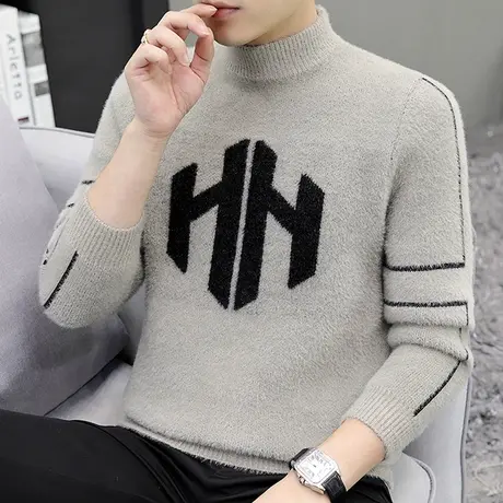 半高领水貂绒毛衣男士春秋季加厚打底衫潮流保暖秋装套头上衣线衣商品大图