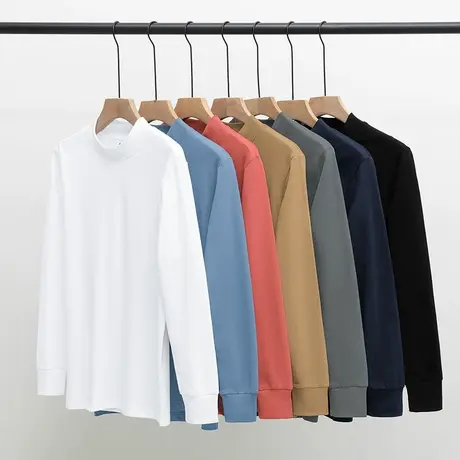 重磅纯棉t恤男长袖半高领内搭打底衫中领秋衣服纯色白色全棉体恤图片