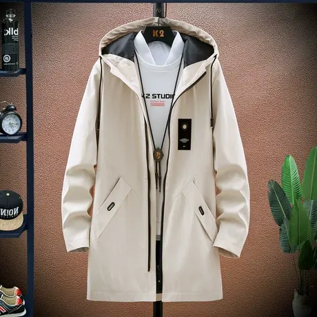 2023春秋新款风衣男修身韩版潮流男装中长款连帽夹克休闲外套男图片