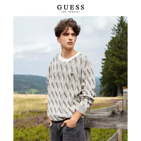 【38上新季】GUESS 男提花撞色菱形格羊毛混纺针织衫毛衣图片