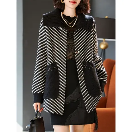 宝诗黎针织拼接翻领条纹羊毛外套女秋冬口袋开衫宽松上衣2023新款商品大图