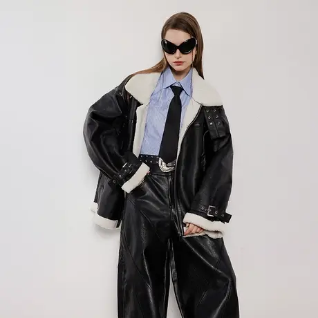潮牌机车风PU皮棉服女冬季加厚羊羔毛外套2023年新款复古宽松棉衣商品大图