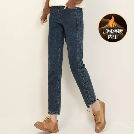 韩潮袭人松紧腰开叉加绒牛仔裤女冬季新款宽松直筒烟管裤子厚图片