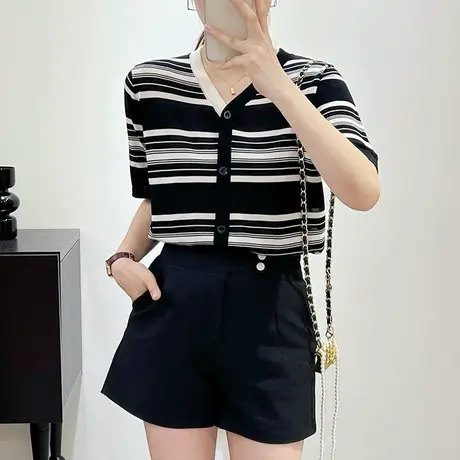 2023年早秋新款条纹拼色针织衫女外搭v领短袖薄款上衣开衫外套女商品大图