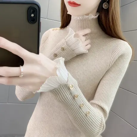 蕾丝半高领毛衣女加厚打底衫2023秋冬新款套头修身针织衫内搭上衣商品大图