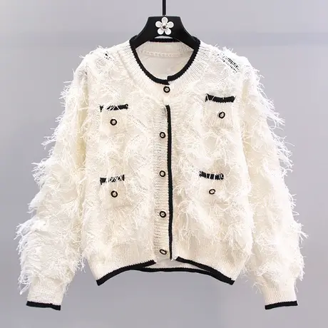 小香风流苏毛衣外套女秋冬2023新款高级感短款休闲洋气针织开衫图片