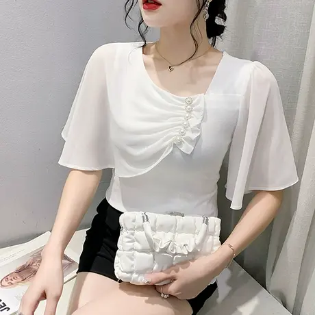 雪纺拼接T恤女五分袖时尚不规则斜领小衫气质荷叶边别致上衣中袖图片